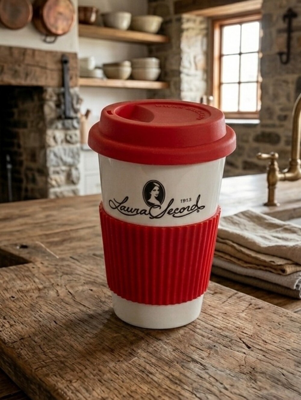 LAURA SECORD Classic Ceramic Coffee Tea Mug With Silicone Lid (Brand New)